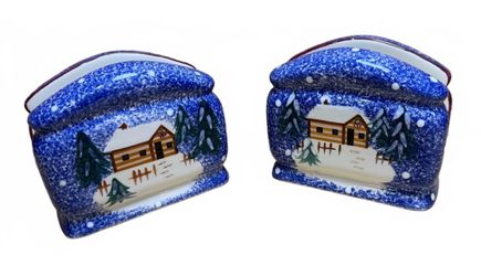 Pair of Blue Snowy Cabin Ceramic Napkin Holders