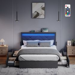 LED Bed Frame Full Size, Full Bed with Headboard and 4 Drawers, 1 USB Port and 1 Type C Port, Adjustable Upholstered Headboard 37.1/39.6 Inches, No Bo