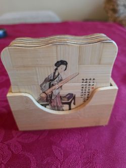 Vintage Bamboo Coasters Set of 6 with Holder Asian Art Geisha Style Woven Wood