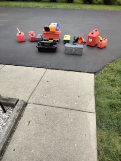 Tool boxes funnels and gas cans