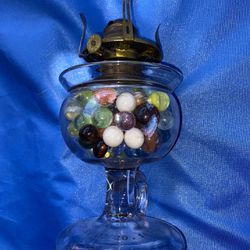 DAMAGED Vintage Antique Oil Lamp Glass Queen Anne Burner with marbles 