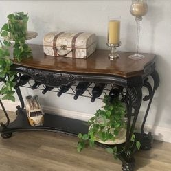 H: 30” x  L: 48” x  W: 18” Beautiful, unmarred, 7- Bottle Wine-rack Wood/wrought-iron Table 