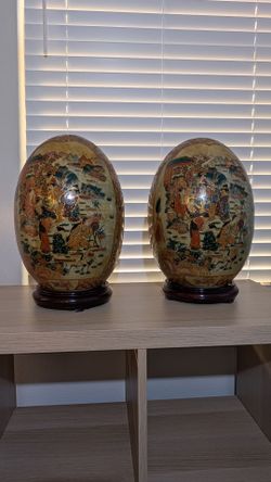 Antique Satsuma Egg Hand Painted Geisha Porcelain 13” Gilded & Beaded w/Stand