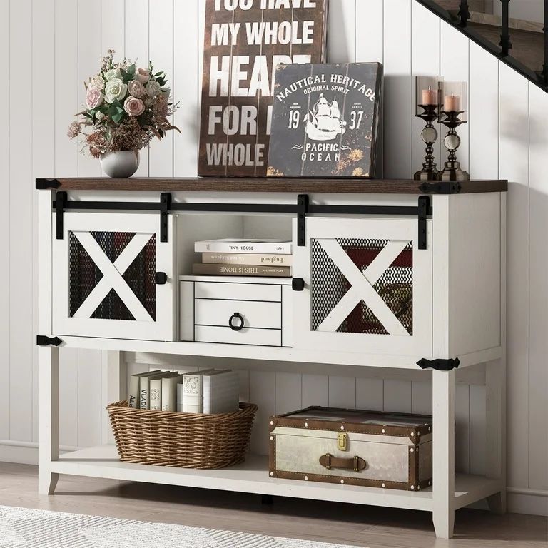 46'' Large Farmhouse Entryway Table with Sliding Barn Doors, Console Table Sofa Side Table with Storage Drawer for Hallway, Living Room(Antique White-
