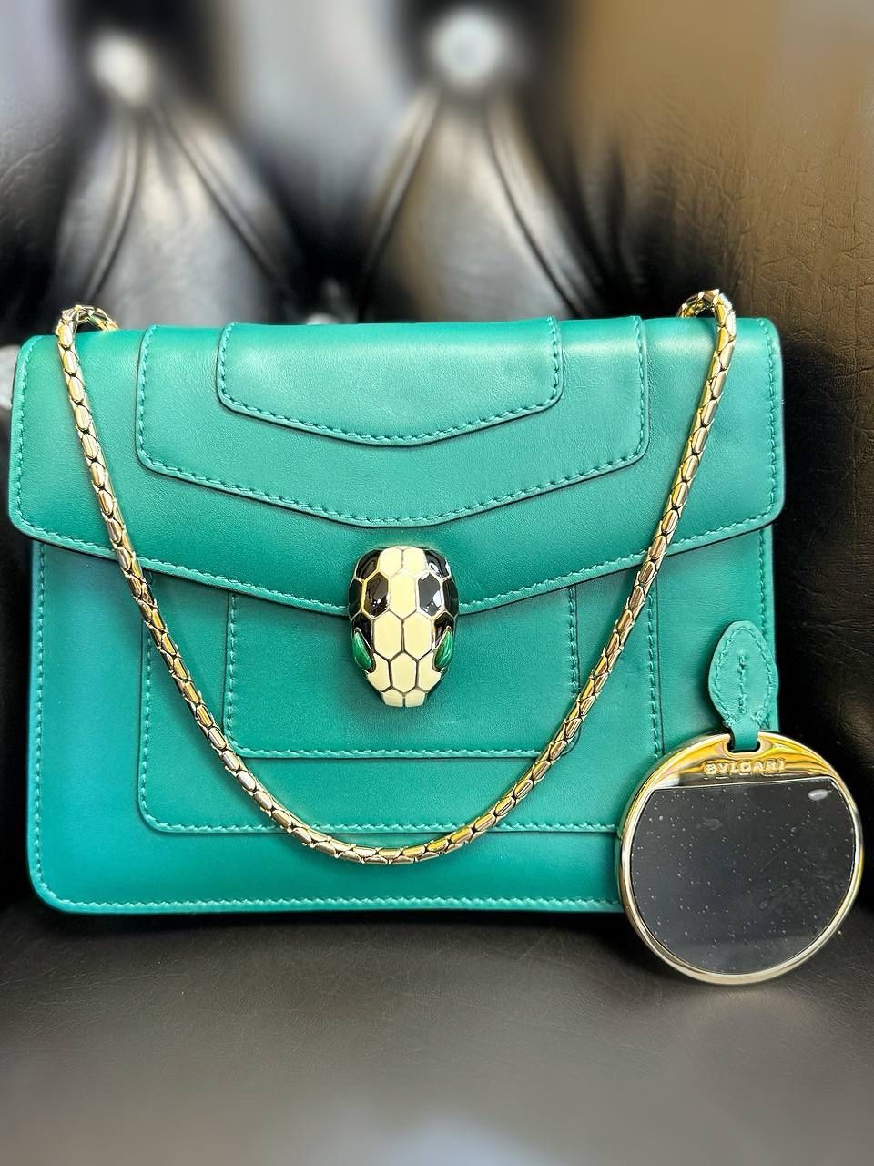 Bvlgari Serpenti Forever Square Cross-body Shoulder Bag calf Leather Emerald green Receipt & Mirror
