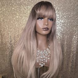 Blonde Balayage   With Bangs Synthetic Hair Wig New 24" New 