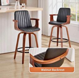 30” Bar Height Bar Stools,Leather Upholstered Bar Chair, Swivel Bar Stools with Back and Arms，Modern
