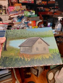 Serene Lakeside Cabin Painting 10x8" Canvas Oil Paiting Art