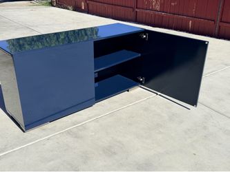 CB2 Fuel Blue Wood Sideboard 2 shelf multi purpose furniture