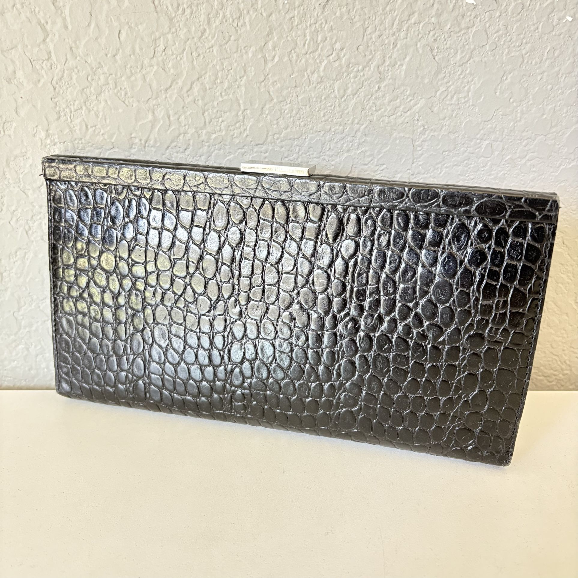 Banana Republic Black Embossed Faux Crocidile Leather Clutch Purse Evening Bag