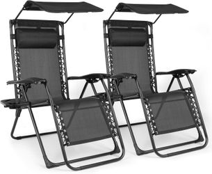 Zero Gravity Chairs Set of 2, Oversized Outdoor Recliner Patio Lounge Chair with Canopy Shade, Foldable Outdoor Lounger with Cup Holder Tray for Backy