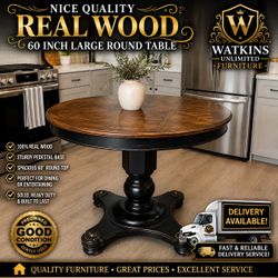 🪵 Large Real Wood 60” Round Dining Table – Table Only 🪵