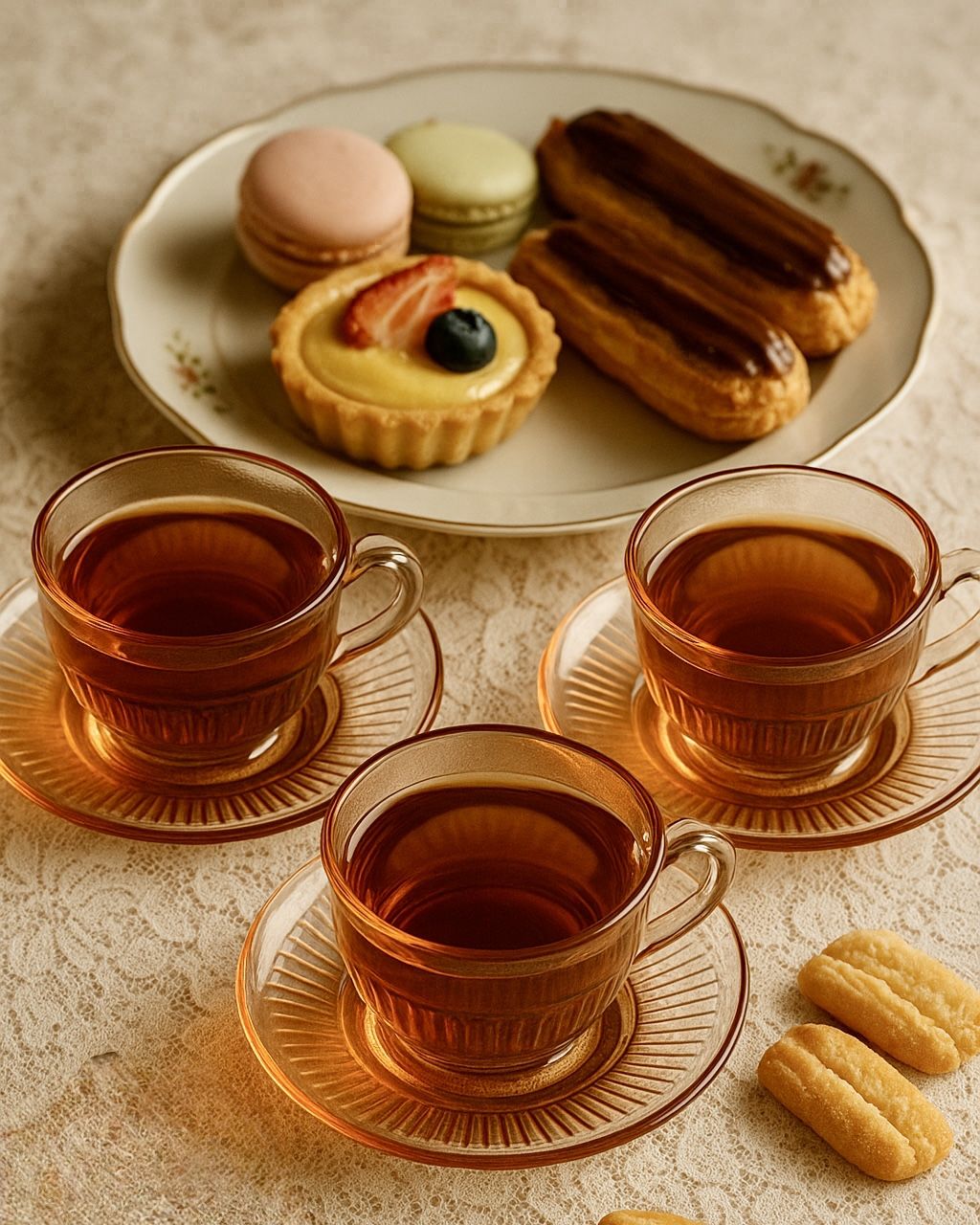Vintage 1930s Set Of 3 Pink Ribbed Depression Glass Cups & Saucers