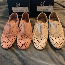 New Ladies Shoes..Leather Oxfords  Silver  And Apricot Color. Made In Spain .. Size 6.5 $40 Each 