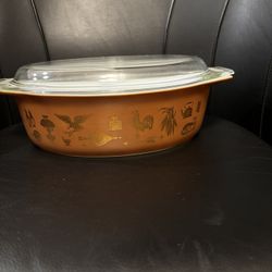 Pyrex Early American Oval Dish 60s Brown Copper Color With 22k Gold Leaf W Lid