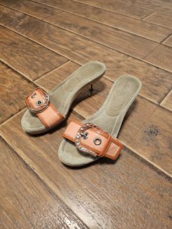 Prada Orange Patent Leather Buckle Mules