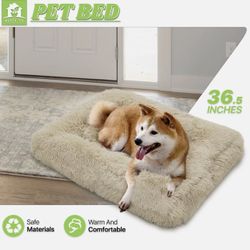 Long Plush Pet Dogs Cats Bed Rectangle Soft Calming Beds Beige Cuddler Cushion