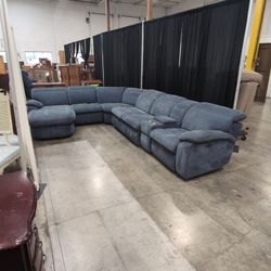 Slate Blue Fabric Reclining Sectional Couch with Cupholders