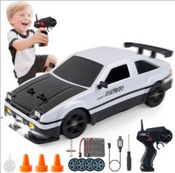 RC Drift Car 1:16, Retro Style Initial D Toyota Sprinter, LED Lights & Spray, 2.4GHz Remote Control, 2 Batteries & 2 Sets of Tires for Racing & Drifti