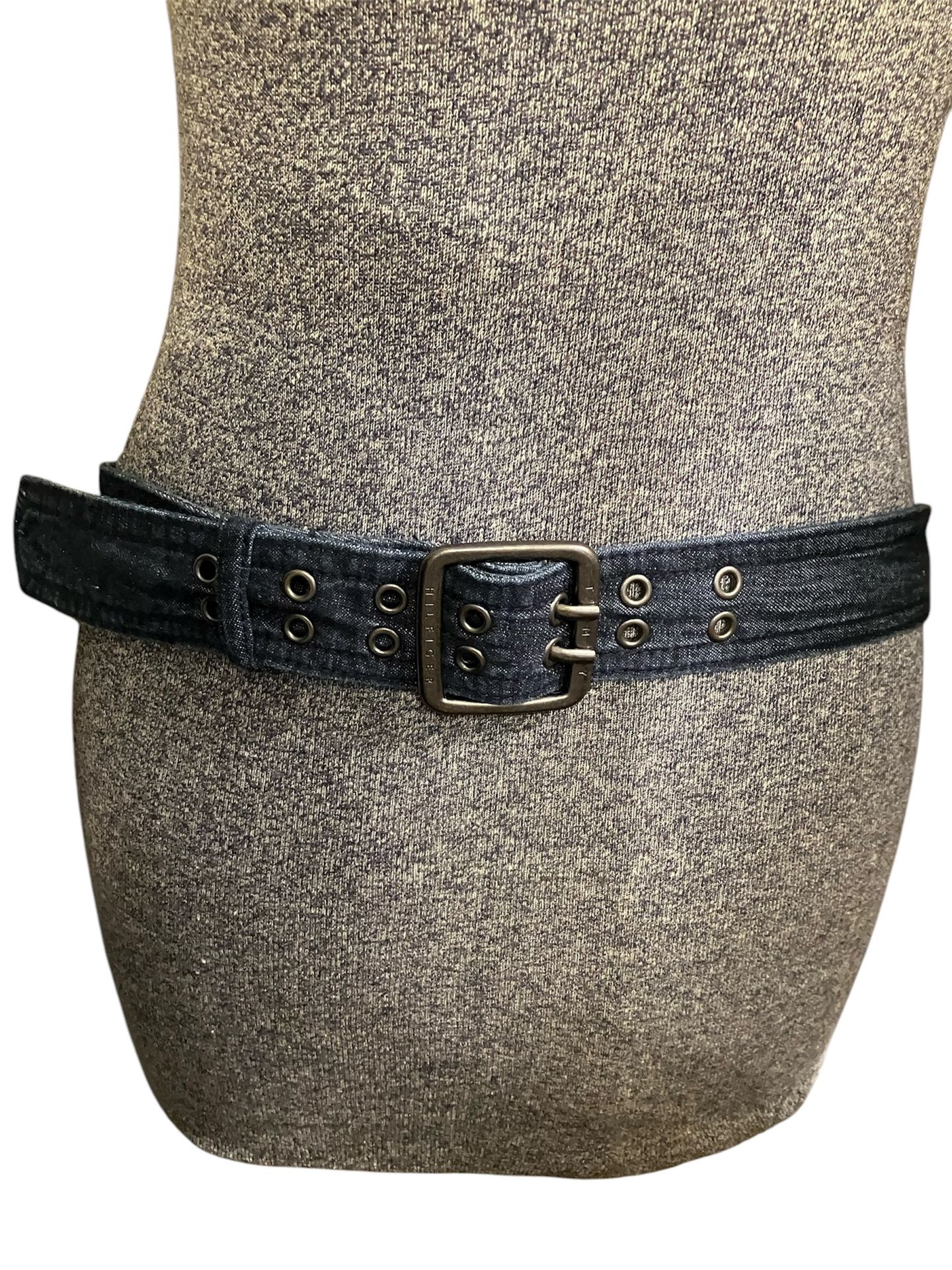 Stylish Denim Belt with Bronze Double-Prong Buckle