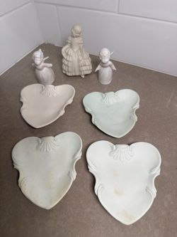 White Ceramic Figurines and Heart Dishes Set