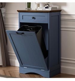 35” Tall Blue Tilt-Out Trash Can Cabinet with Deodorizer, Drawer & Wood Top