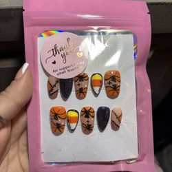 Homemade Medium Coffin Orange Black Halloween Press-On Nails Full Cover