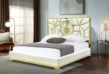 Luxury Upholstered Bed Frame with Gold Medusa Headboard New in Box