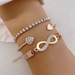 Stunning 3 Piece Set Rhinestone Heart Decor Bracelets *NEW*