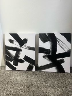 Set of 2 Modern Black & White Abstract Canvas Wall Art Prints 16x20
