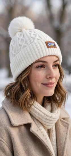 Cream Pom Pom Cable Knit Beanie Hat with HAPPY Patch - Warm, New With Tags
