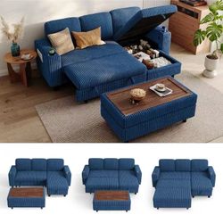 Blue Sectional Sofa with Storage Ottoman