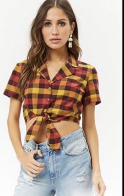 Cropped Plaid Tie-Front Shirt