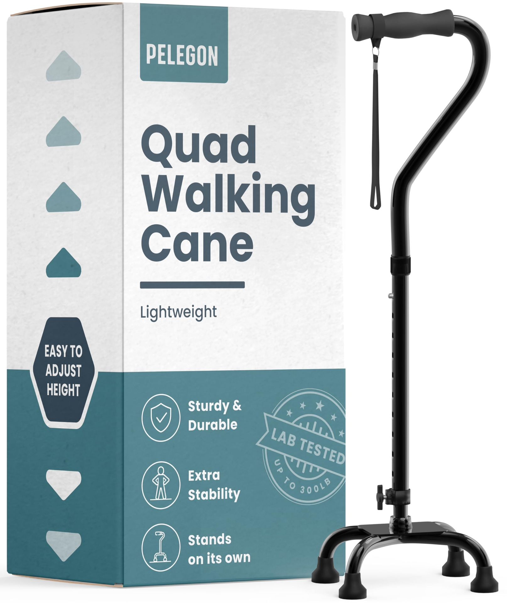 PELEGON Quad Cane (300 Lb) - Adjustable Walking Cane With A Large 4 Pronged Base For Extra Balance & Stability, Walking Canes For Seniors, Walking Can