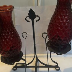 VINTAGE DOBLE BRASS TABLE CANDLE HOLDER CRANBERRY RED 16” GLASS 