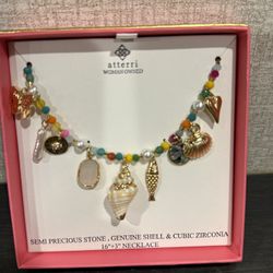 Atterri woman owned Gold plated 16”+3”Necklace Semi precious stones CZ Shell NIB