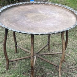 Improperly Cared For Moroccan or Turkish Antique Brass Table on Collapsible Wood Base: 