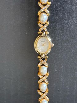 Ladies Dainty Gold Pearl & Rhinestone Watch by Gruen