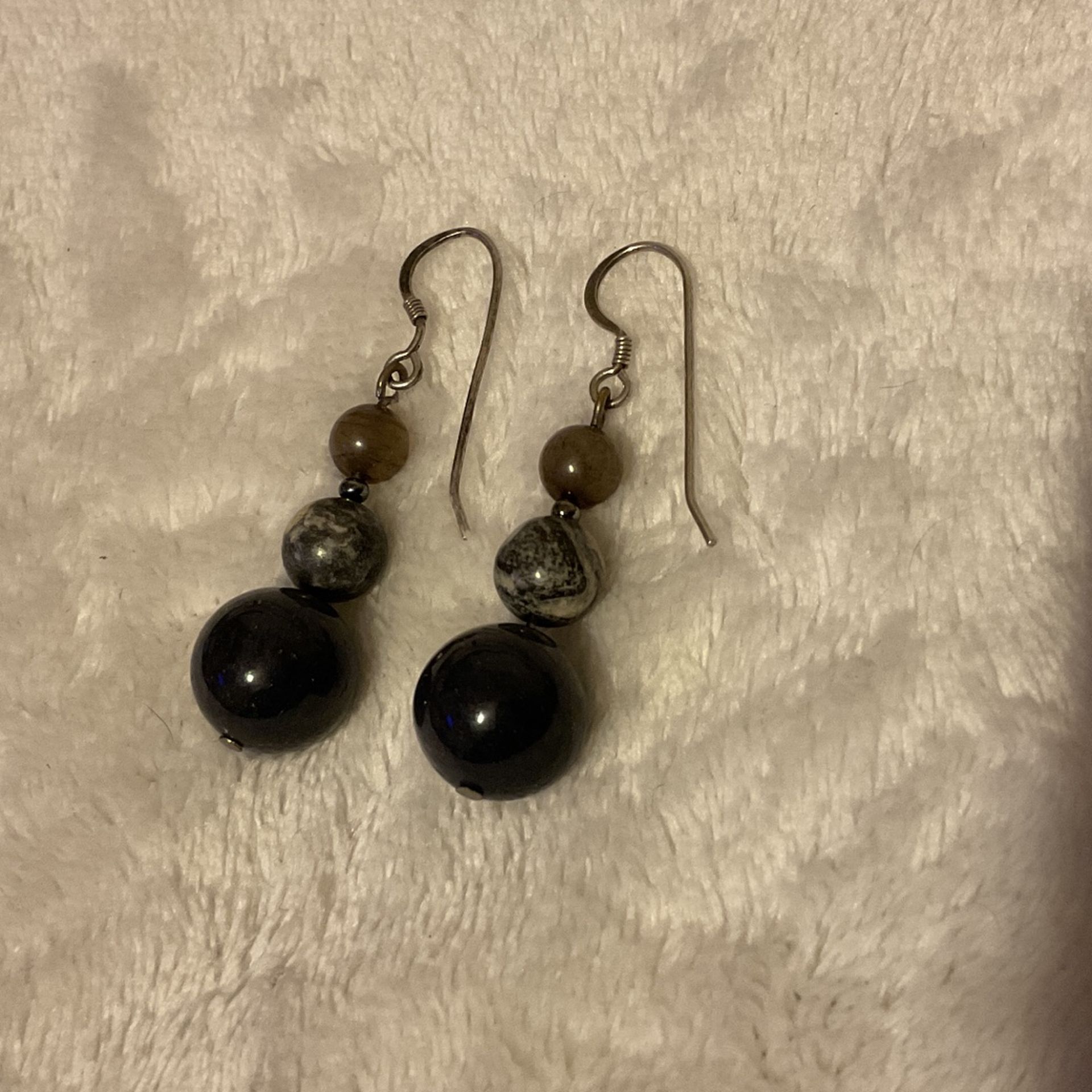 1.5” Vintage Sterling Silver Dangling Earrings With Solid Genuine Lapis Lazuli( Dark Blue,marble,& Tiger’s Eye) Stones