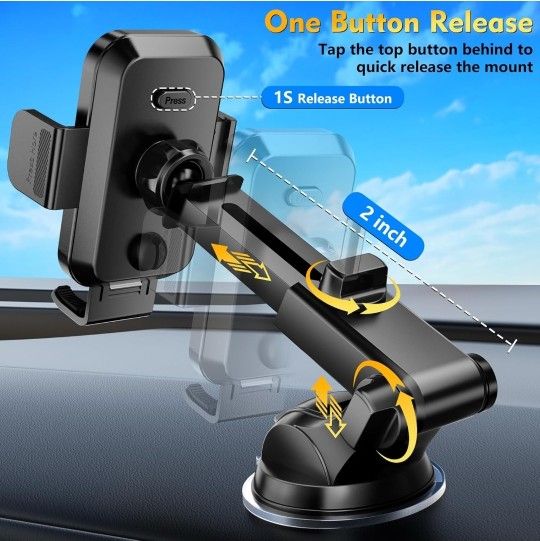 Phone Holders for Your Car 2025 Upgraded Military-Grade Strongest Suction & Stable Clamp Arm Car Phone Holder Mount 360 Adjustable for Dashboard, Wind