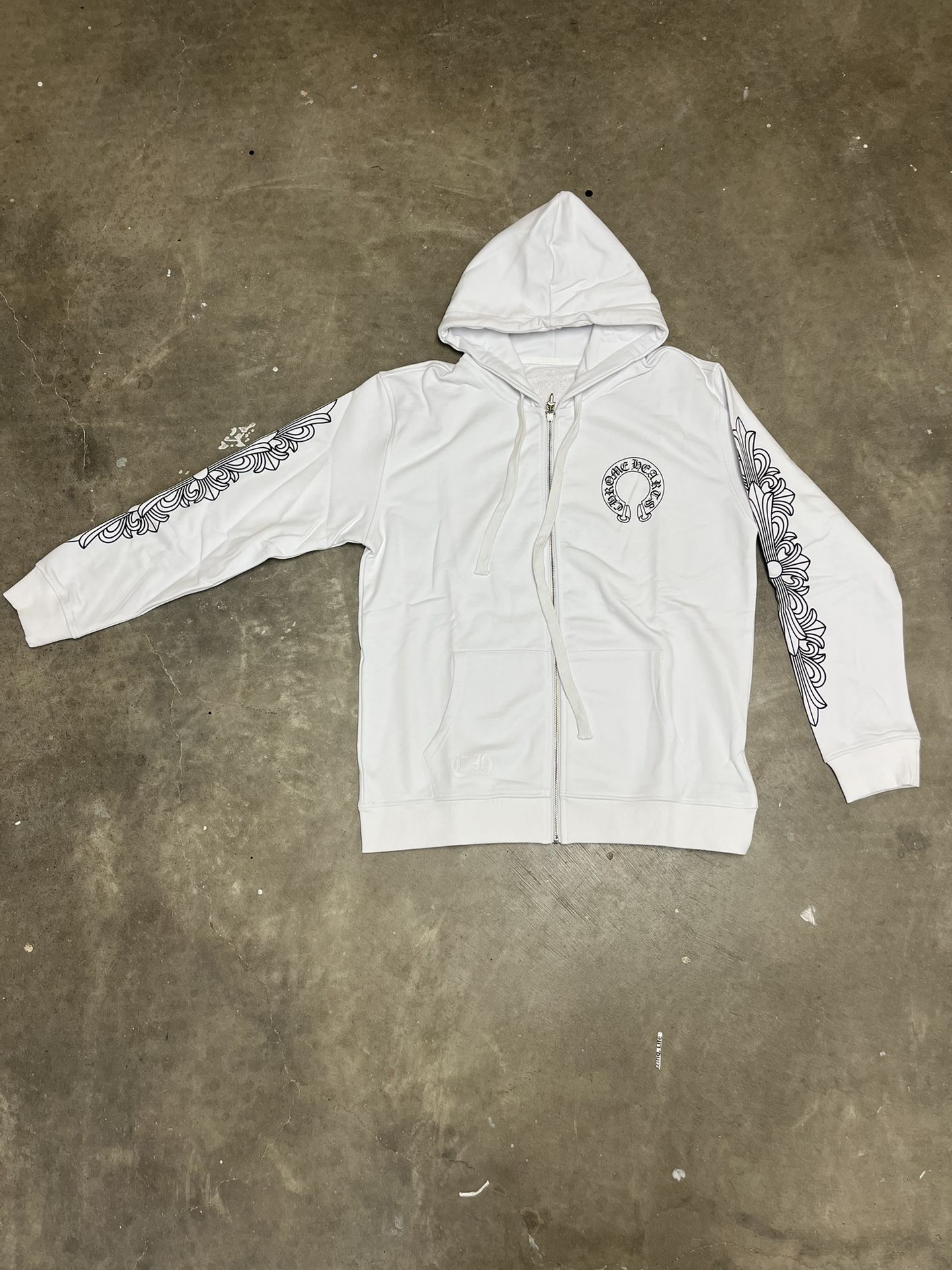 Chrome Hearts White Floral Horseshoe Cross-Sleeve Zip Up Hoodie