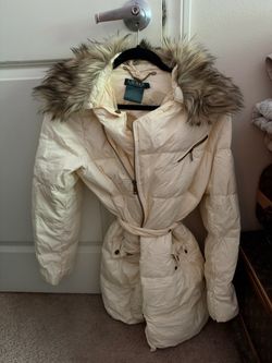 Lauren Ralph Lauren Cream Puffer Coat with Faux Fur Hood