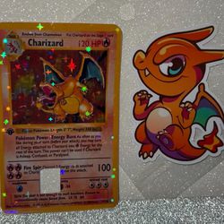 Charizard Credit Card Skin PLUS Sticker ~ Pokemon Card Holographic 1st Edition - 2pc
