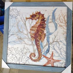 Seahorse  Sea Life Wooden Framed Wall Art for Living Room Bedroom 24 x 24 (Blue). New- Open Box