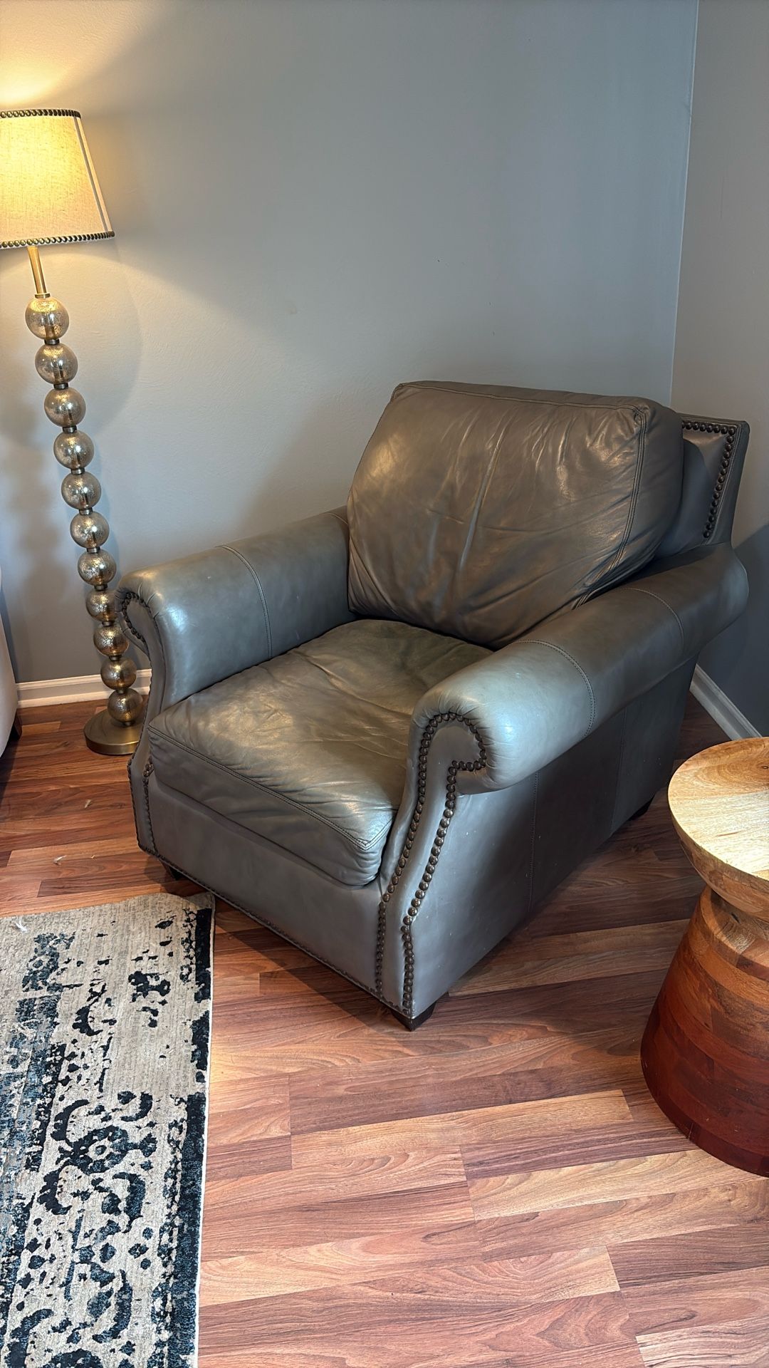 Real Gray Leather Chair And Ottoman With Metal Billets