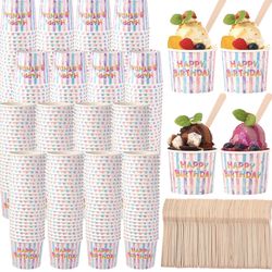 300 Sets Happy Birthday 6 Oz Paper Ice Cream Cups with Wood Spoons, Disposable Sundae Dessert Bowls