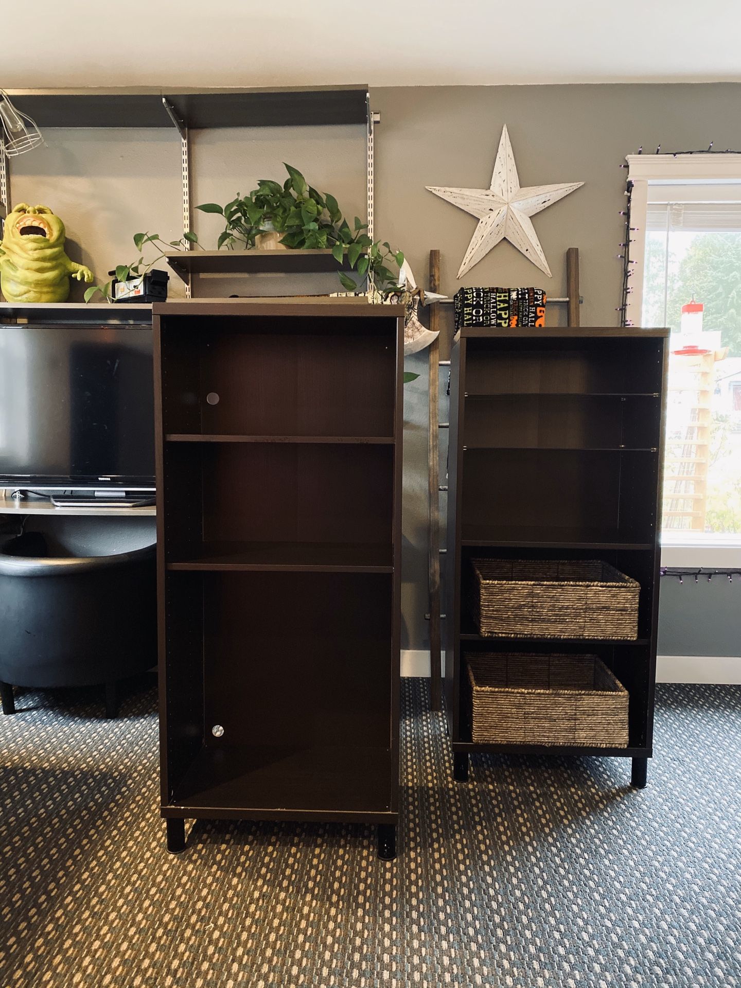 Two brown IKEA BESTA bookshelves