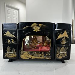 Vintage Japanese Rickshaw Black Lacquer Music Jewelry Box Hand Painted