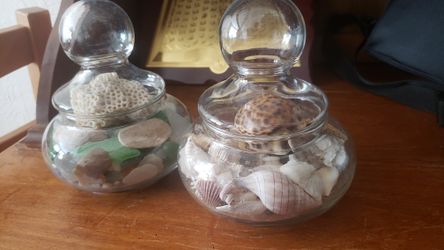 Ocean in jar , unique large seashells and colorful glass rocks in a pair of jar , sea keepsakes display , bathroom decor