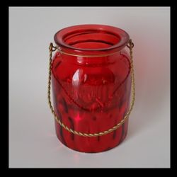 Red Empoli Optic Glass Metallic Candle Holder with Gold-Colored Wire Handle